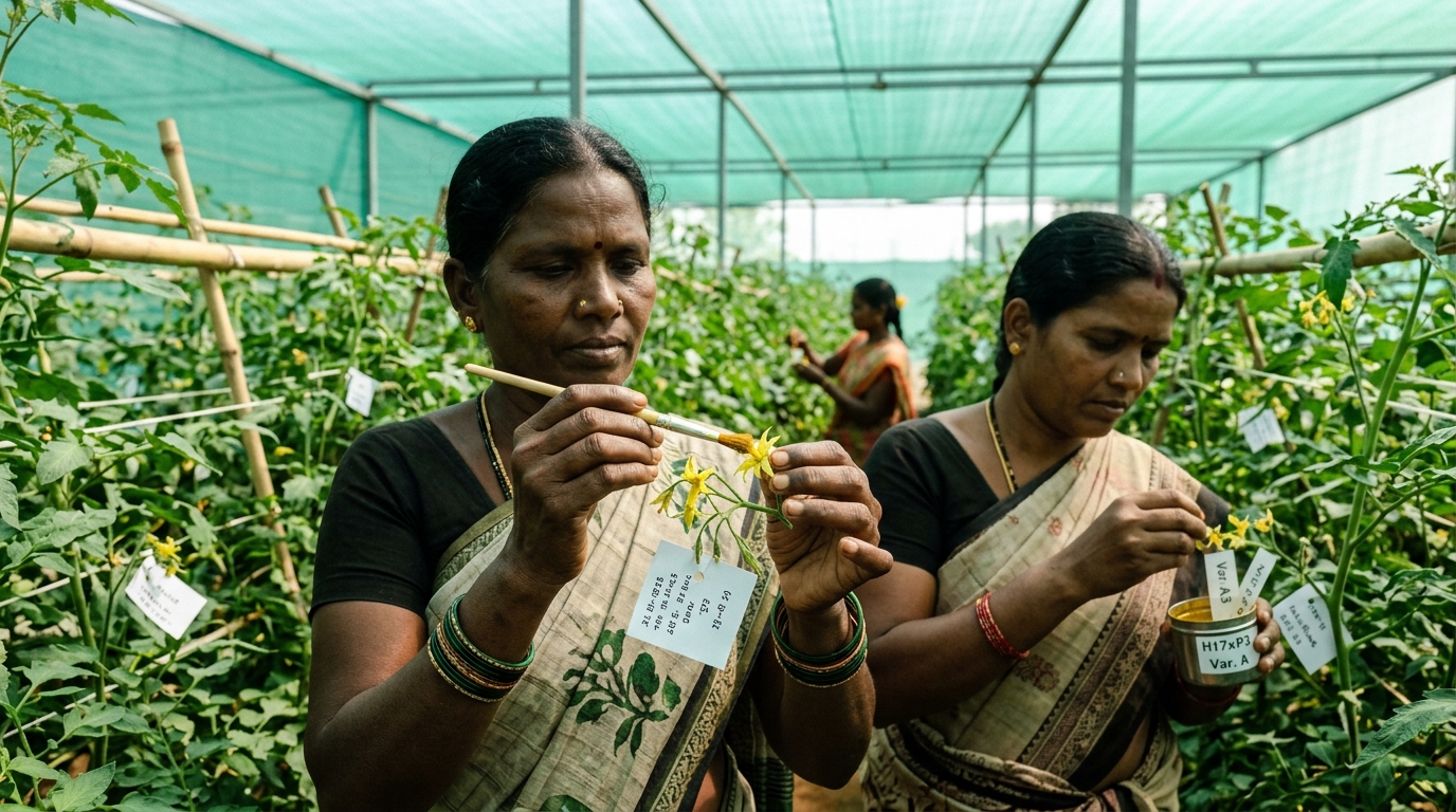 Skilled hand pollination on hybrid vegetable flowers in Karnataka